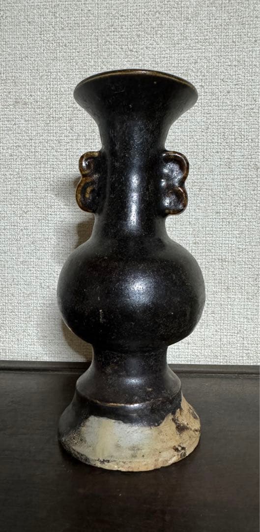 中国骨董　漢ー唐　黒釉褐釉　耳付瓶仏前供養瓶　時代物　唐物　古美術(N-3)