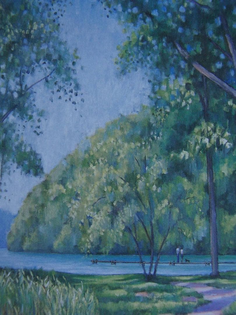 入江観、【湖畔日洩】、希少な額装用画集より、新品額装付