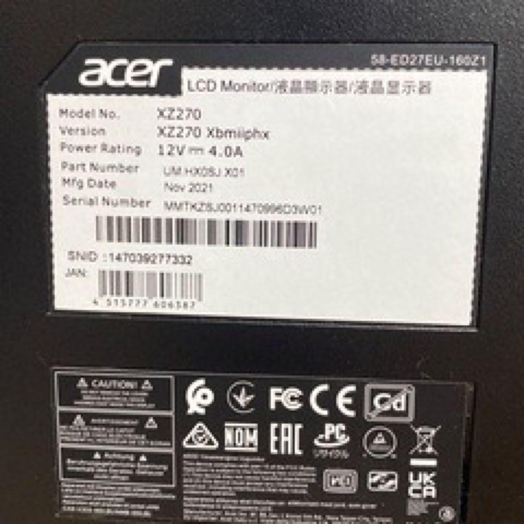 Acer XZ270 LCDモニター 本体　27インチ
