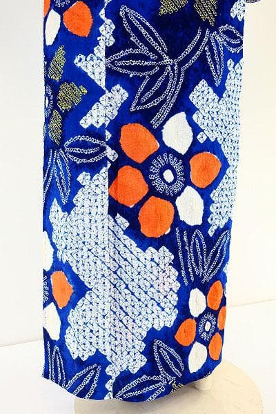 ★専用★浴衣 有松絞り 青 オレンジ 綿 花柄 身丈160cm バチ衿 お洒落