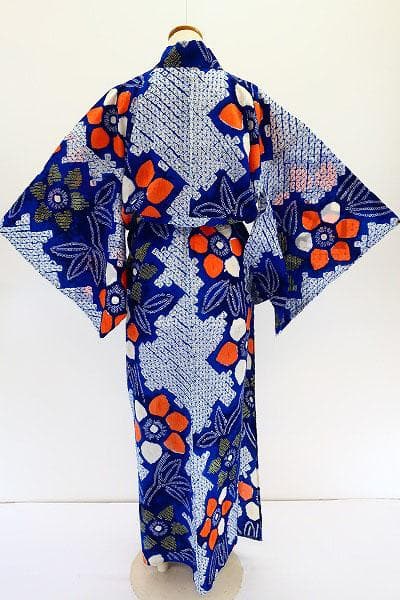 ★専用★浴衣 有松絞り 青 オレンジ 綿 花柄 身丈160cm バチ衿 お洒落
