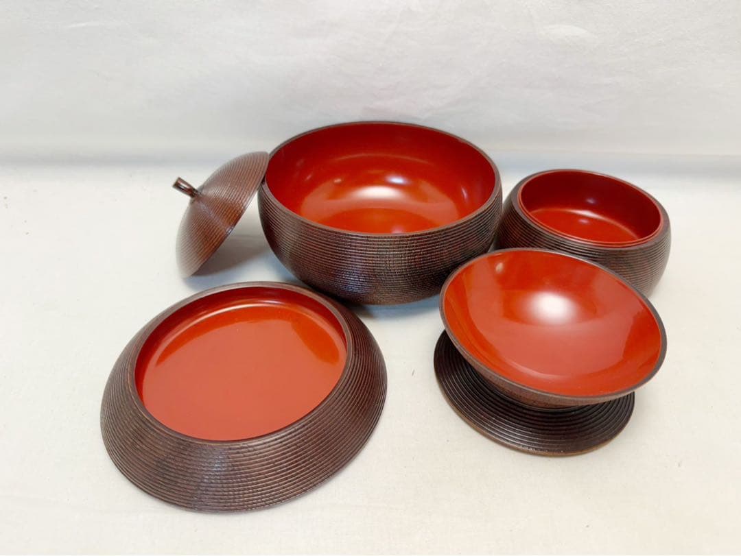 ほぼ未使用 茶道具 欅 天然木製 溜塗 千筋四段 千成瓢箪形 重箱 弁当 網