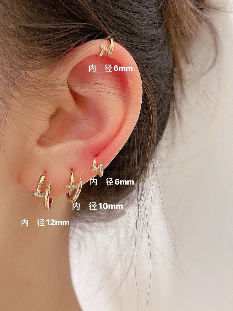 K18WG YG PG 両端ダイヤ入り 釘モチーフピアス 18金