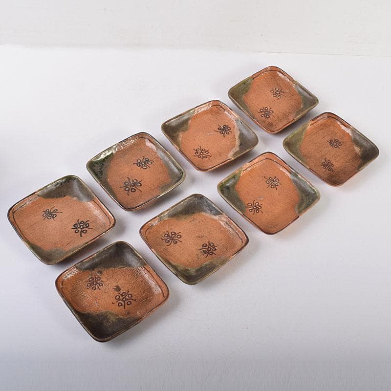 和食器　織部焼　四方　銘々皿　8客　在銘　C　7042