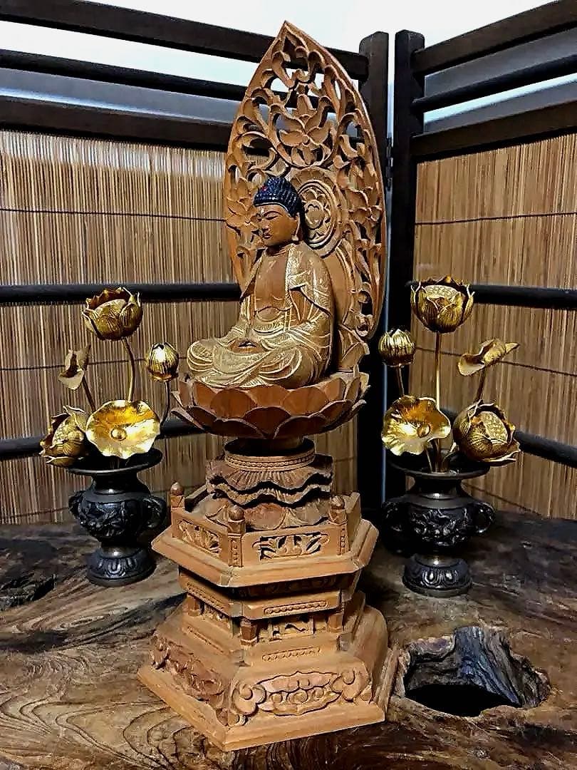 仏教美術 時代 木製 金彩 釈迦如来像 仏像