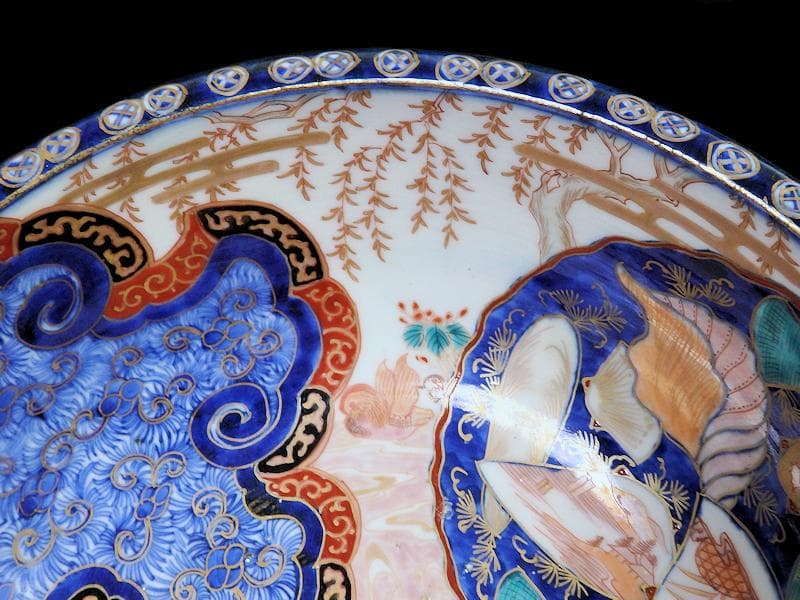 古伊万里　金襴手　流水にオシドリ　菊に尾長鳥の図　大鉢　D078AS-fbqm