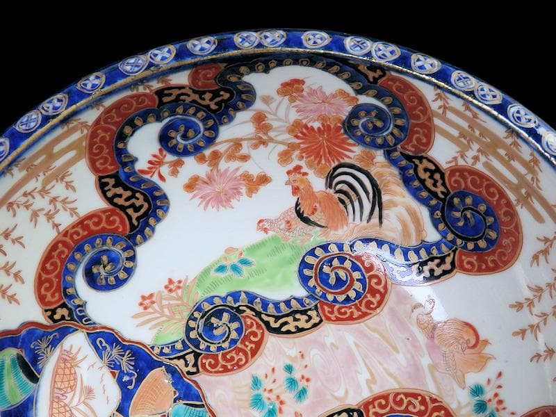 古伊万里　金襴手　流水にオシドリ　菊に尾長鳥の図　大鉢　D078AS-fbqm