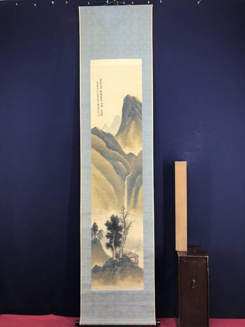 真作/武信籟山/滝山水画賛/青緑山水図/山水図/掛軸/名家伝来AH-583