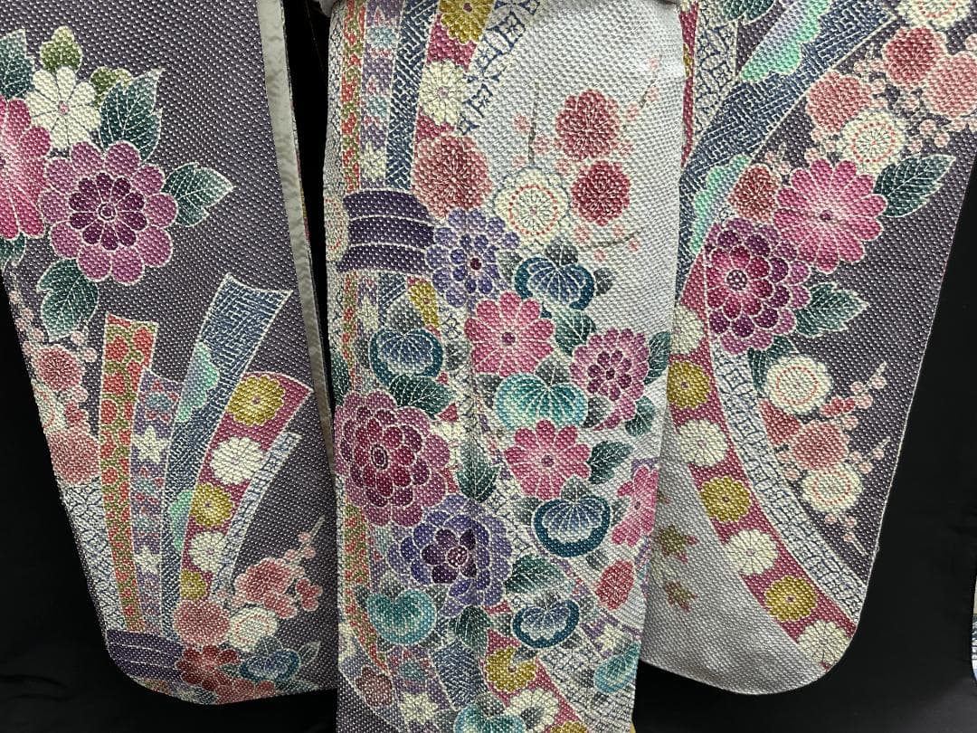 藤娘きぬたや 総絞り 薄紫系 熨斗柄 小紋バック振袖 フルセット 落款あり