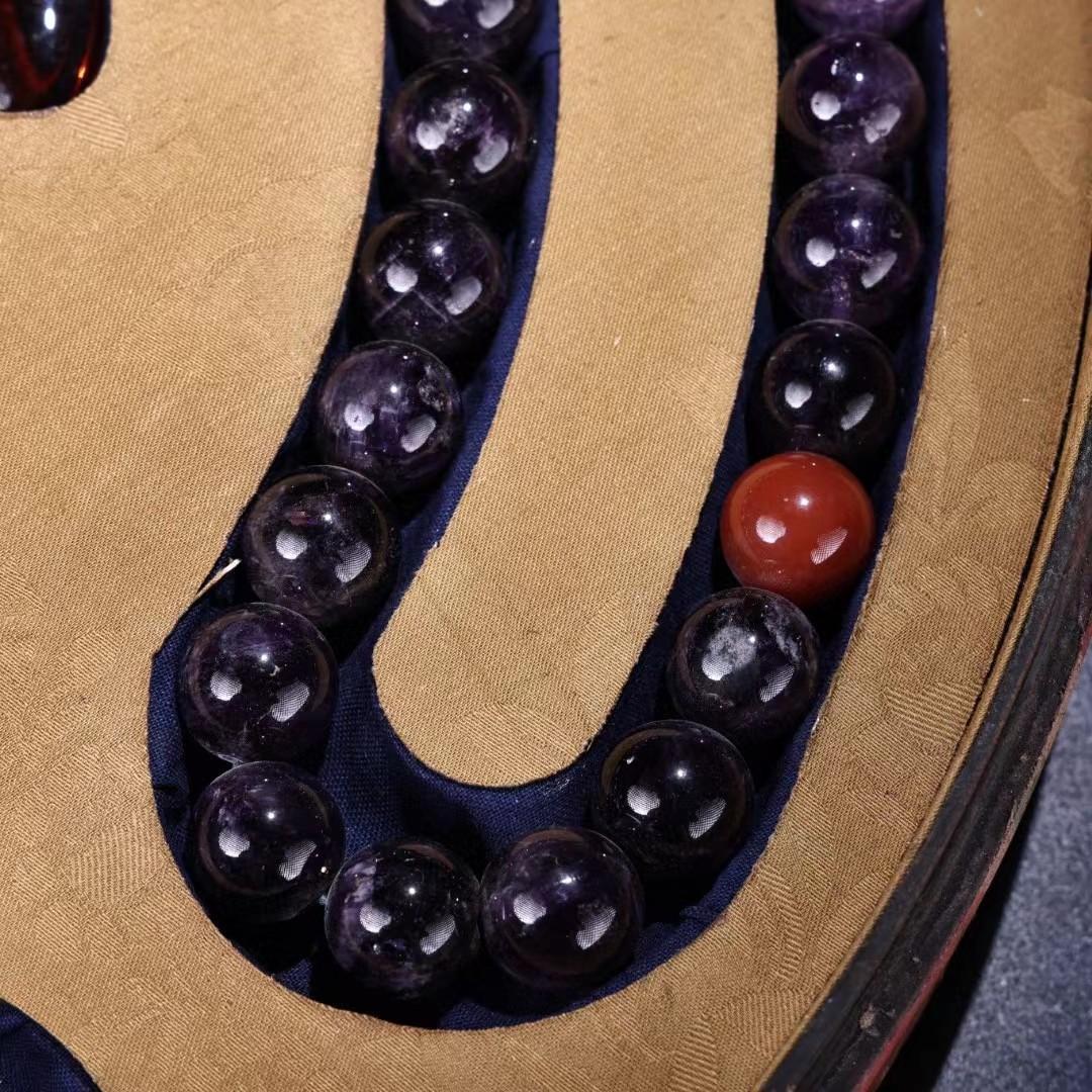 中国古美術・極品紫水晶朝珠・刺繍箱付き・時代物・極細工・置物・古賞物・風水開運