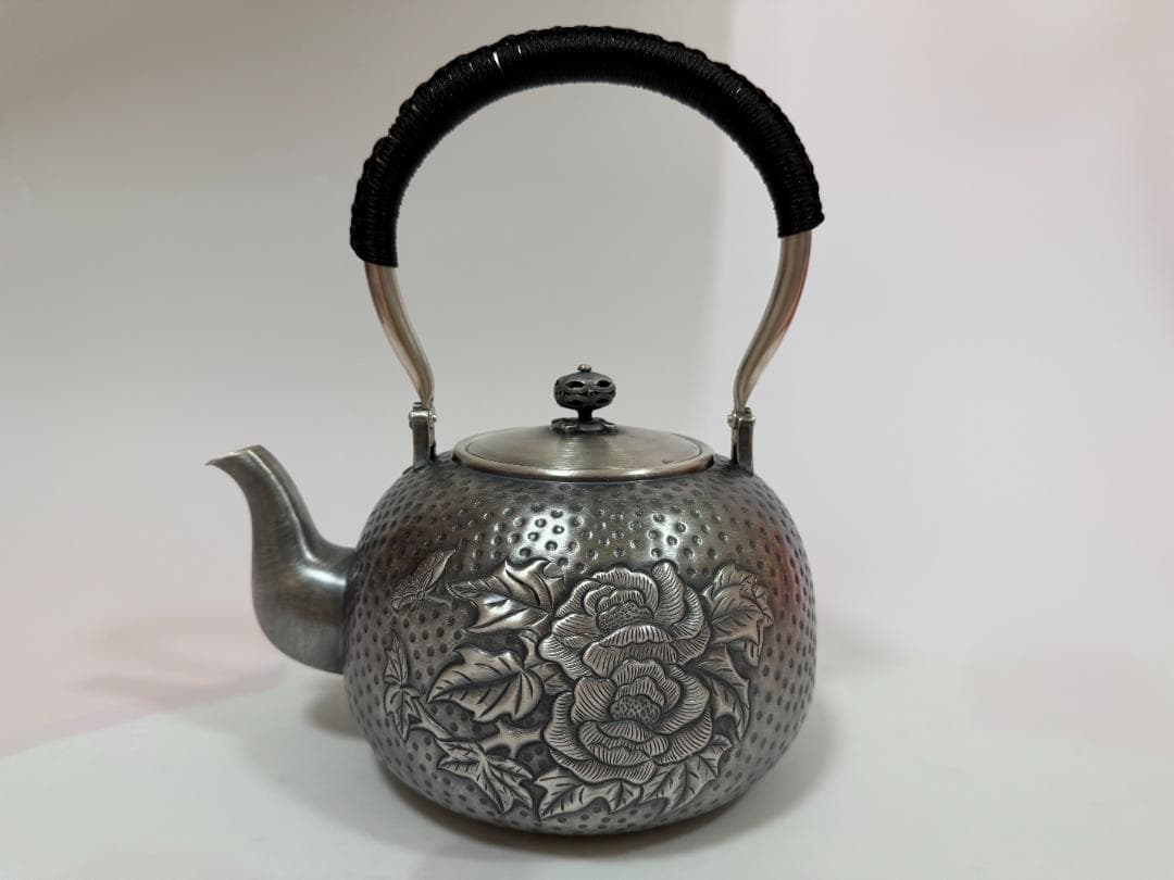 極上純銀製 牡丹文様 高工芸 湯沸 銀瓶 煎茶道具 重量1497g