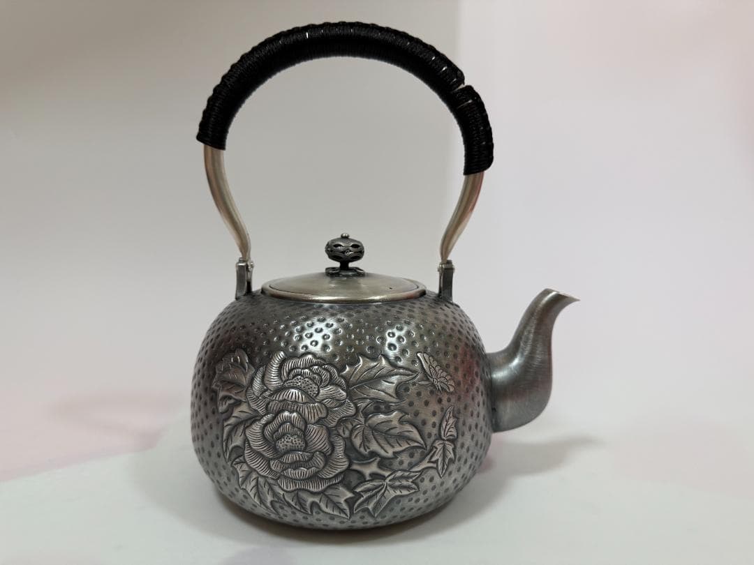 極上純銀製 牡丹文様 高工芸 湯沸 銀瓶 煎茶道具 重量1497g