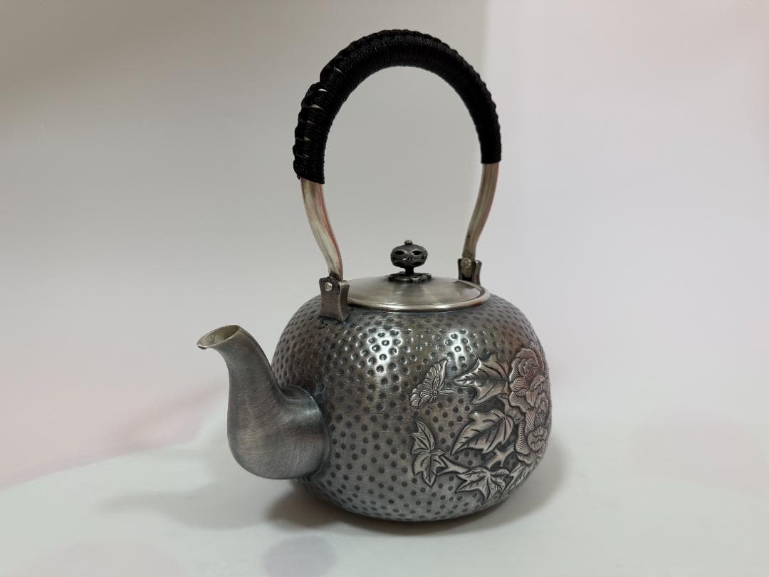 極上純銀製 牡丹文様 高工芸 湯沸 銀瓶 煎茶道具 重量1497g