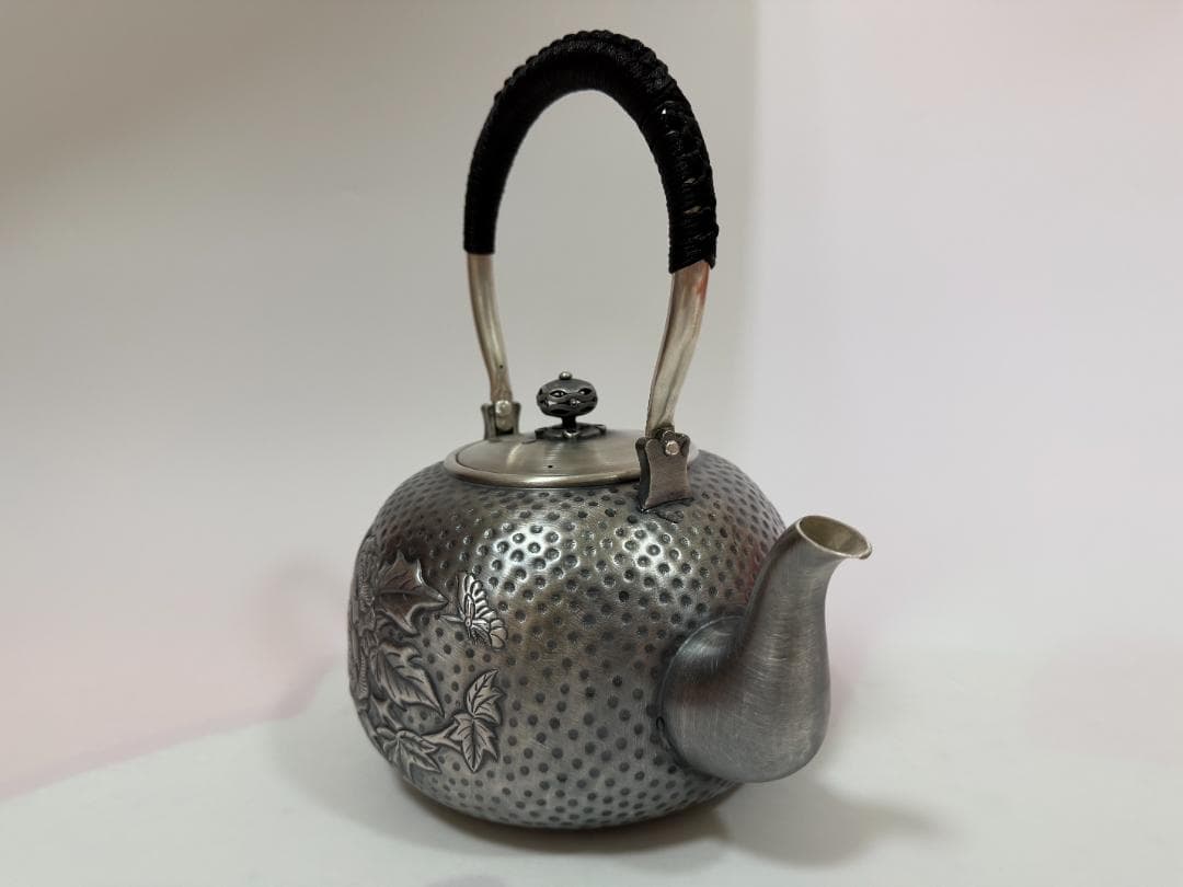 極上純銀製 牡丹文様 高工芸 湯沸 銀瓶 煎茶道具 重量1497g