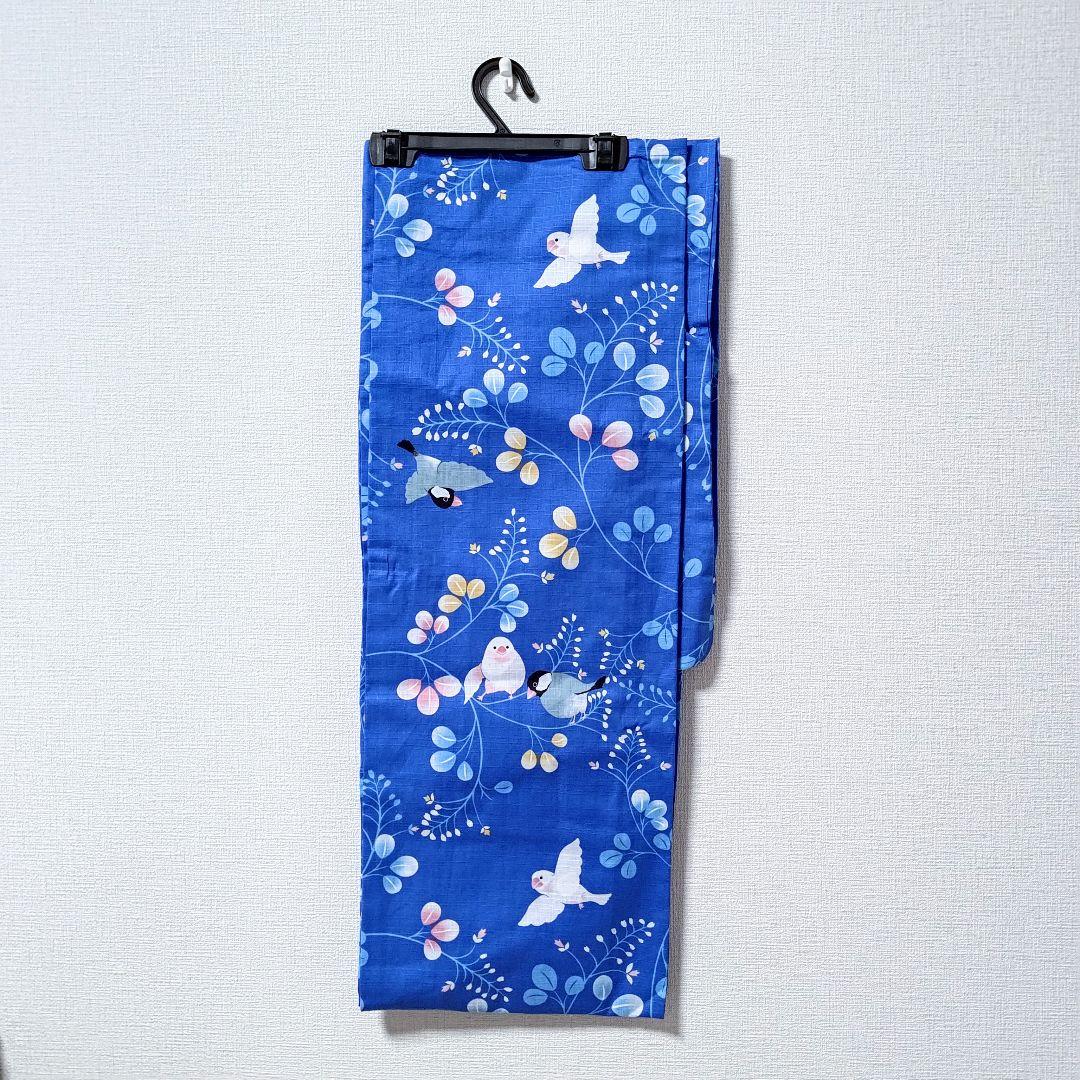 レア小鳥柄浴衣ブルー草花柄コトリカフェ監修ゆかた着物青色黒黄白水色文鳥柄ことり柄