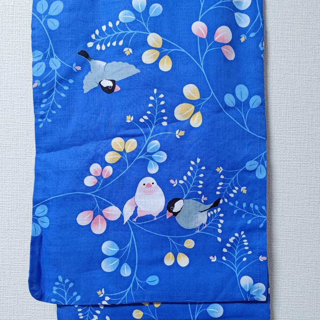 レア小鳥柄浴衣ブルー草花柄コトリカフェ監修ゆかた着物青色黒黄白水色文鳥柄ことり柄