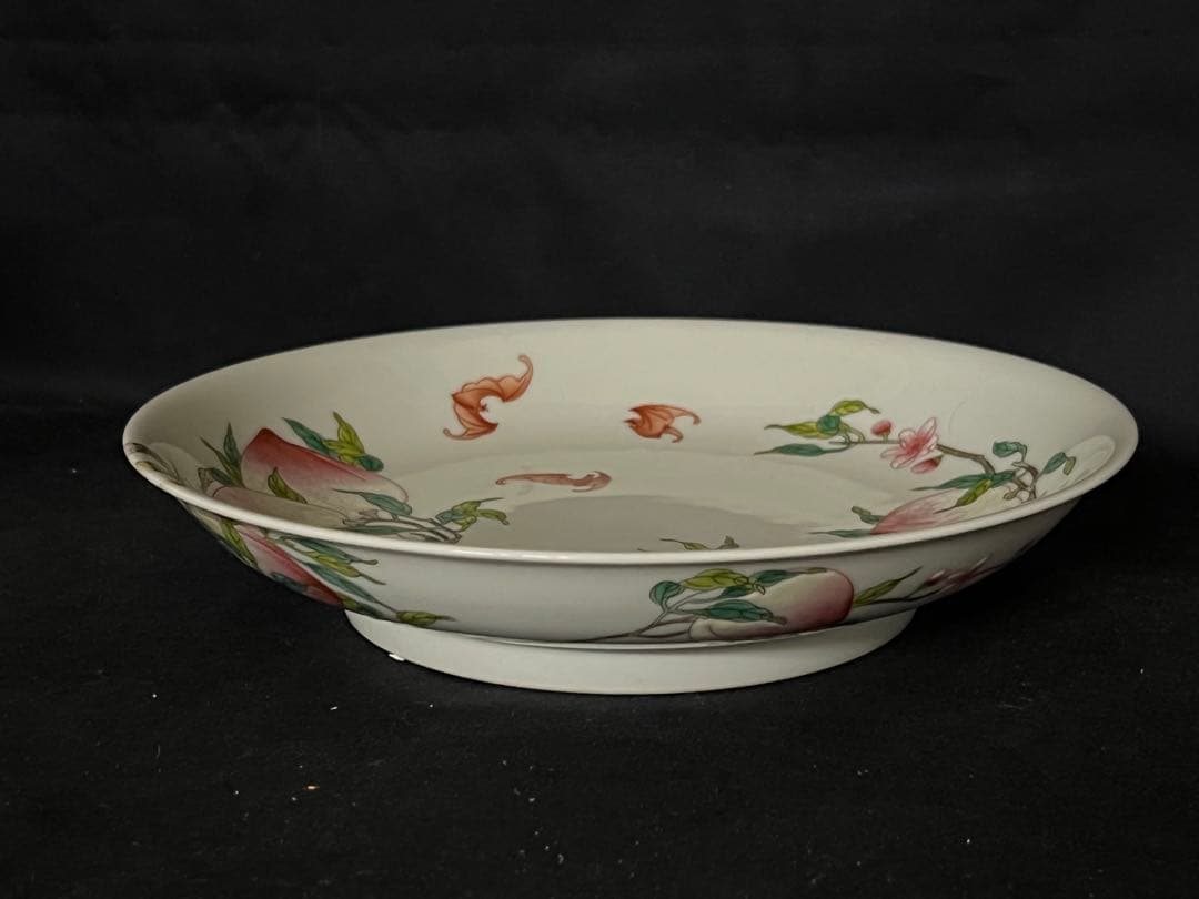 中国古美術/粉彩蝙蝠/桃紋皿 【大清雍正年製】在銘/紫檀箱付き