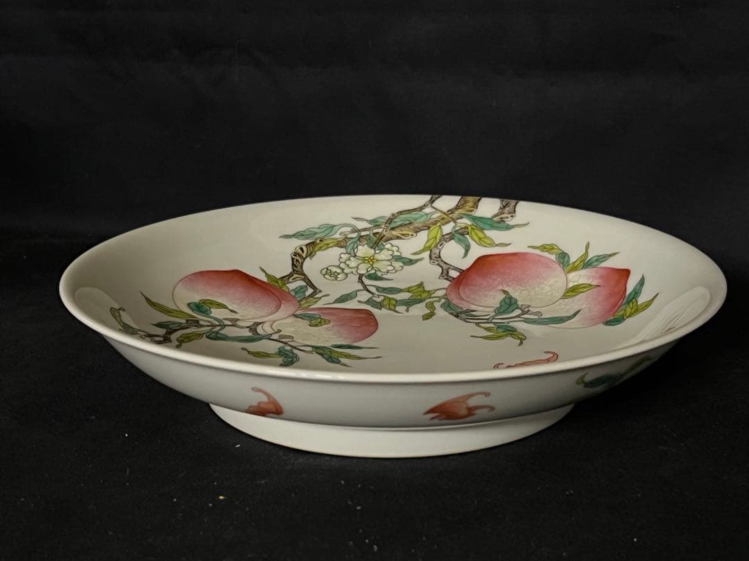 中国古美術/粉彩蝙蝠/桃紋皿 【大清雍正年製】在銘/紫檀箱付き