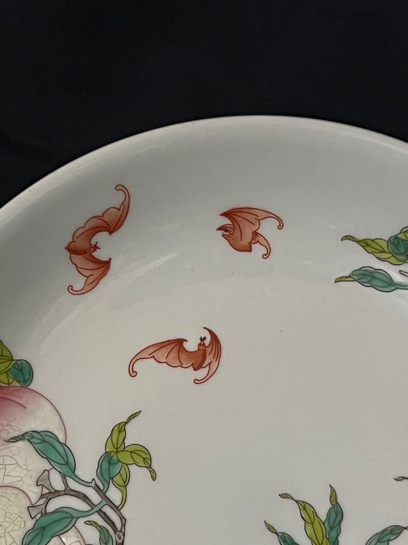 中国古美術/粉彩蝙蝠/桃紋皿 【大清雍正年製】在銘/紫檀箱付き