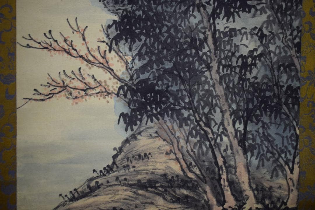 真作/李昆陽/山水画賛/舟/人物/布袋屋掛軸HJ-945