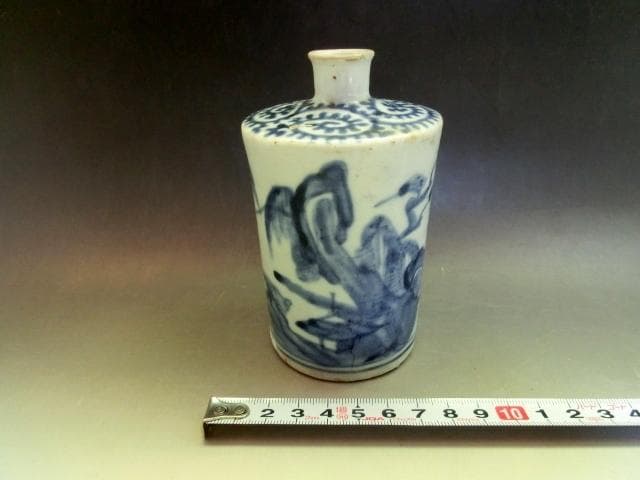 徳利■蛸唐草紋古伊万里染付山水図小徳利(江戸後期)古い酒器 水滴 時代物 骨董■