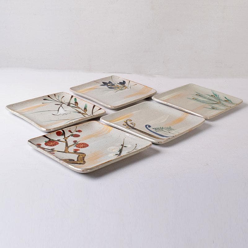 和食器　美濃焼　加藤幸兵衛陶窯　色絵　絵変銘々皿　5客　共箱　N　7598