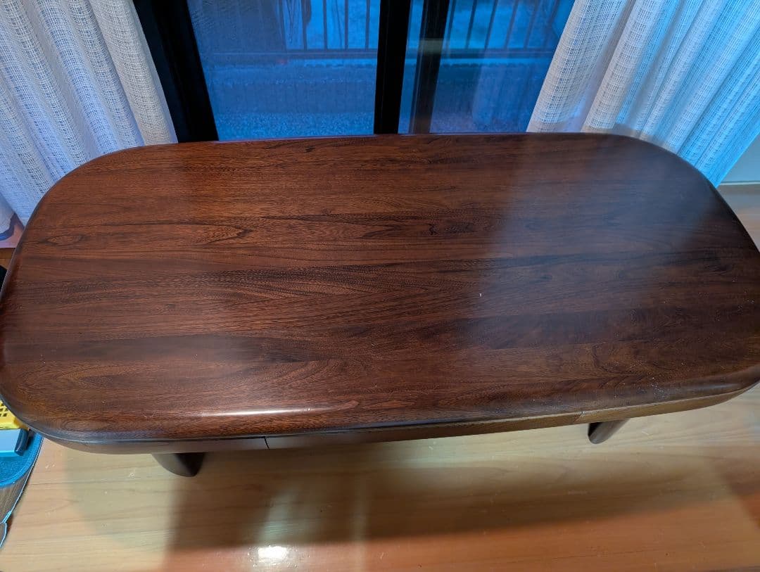ダークブラウン オーバル型座卓 引き出し付き