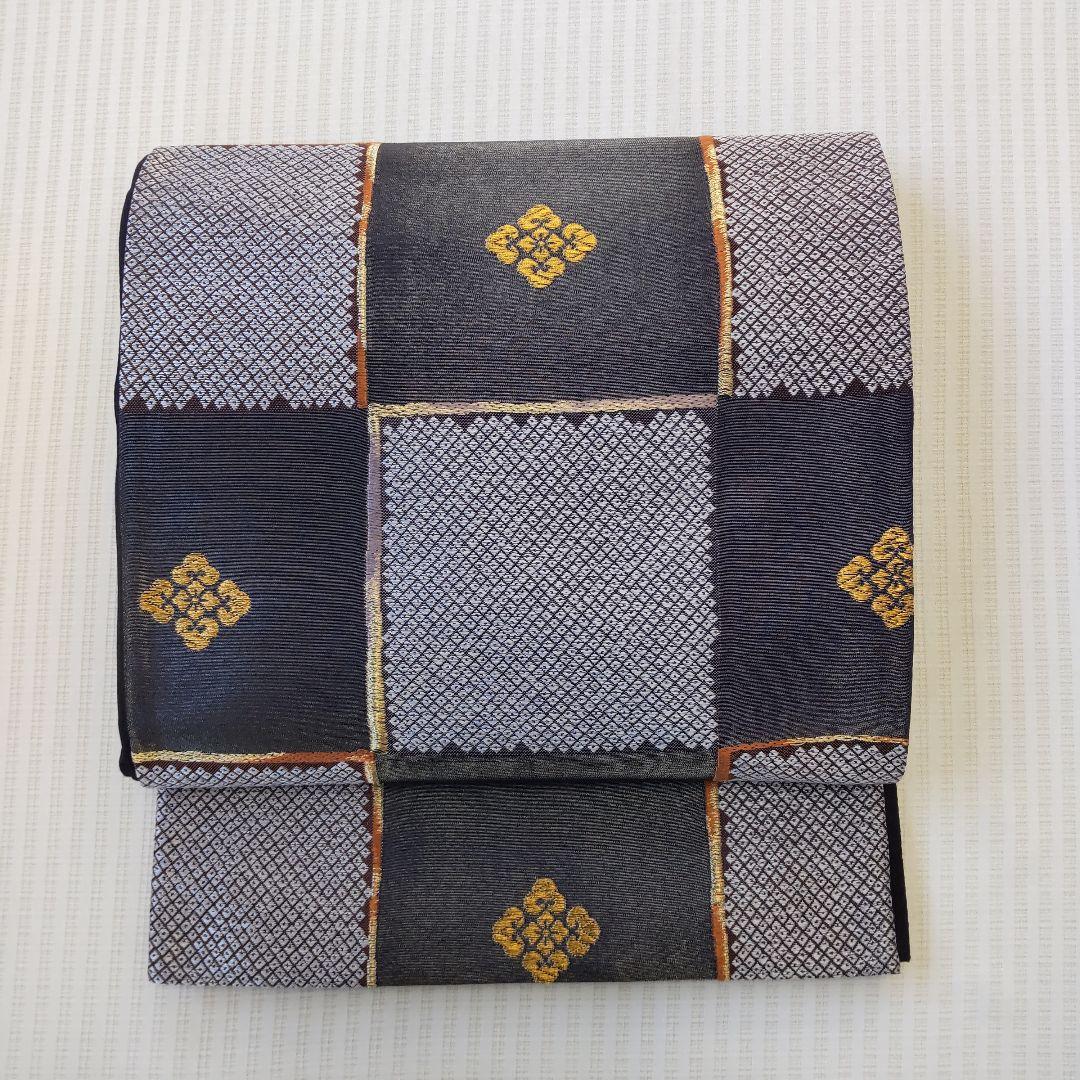 【洒落袋帯】一目惚れ級！黒地引箔×鹿子市松■天井鹿子文/粋モダン/424cm