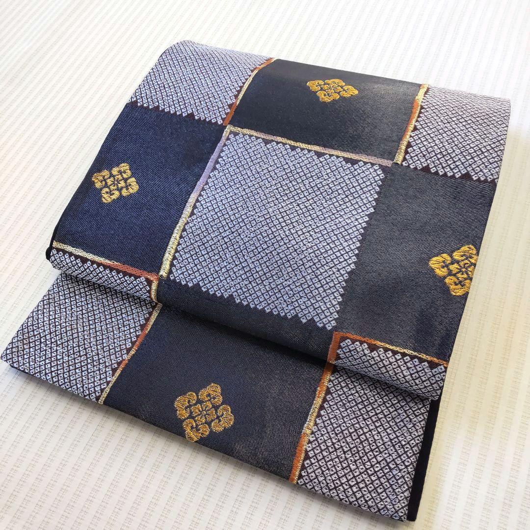 【洒落袋帯】一目惚れ級！黒地引箔×鹿子市松■天井鹿子文/粋モダン/424cm