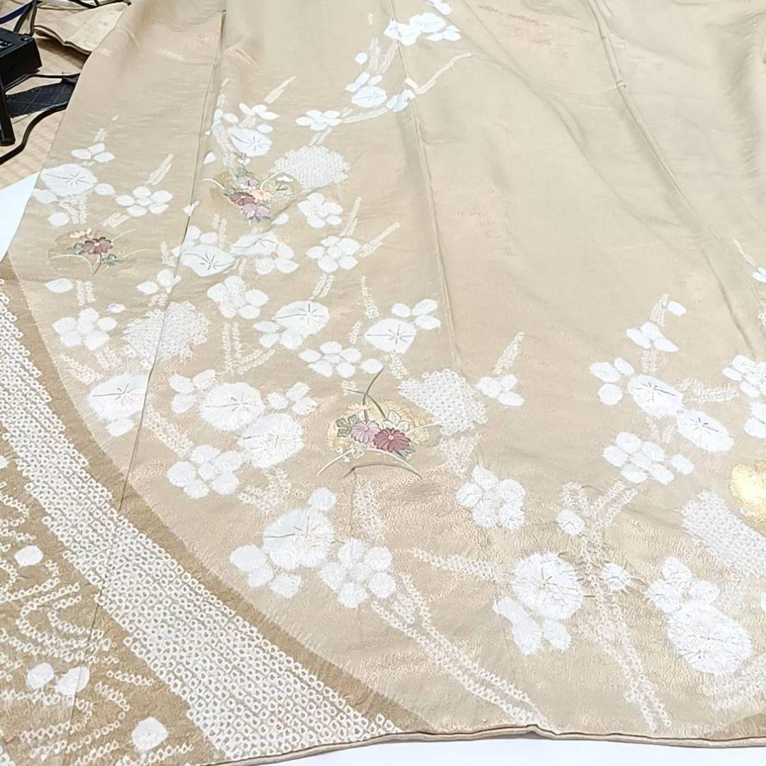 LULU81 着物 訪問着 袷 絞り 黄金色 雪輪 刺繍 花柄