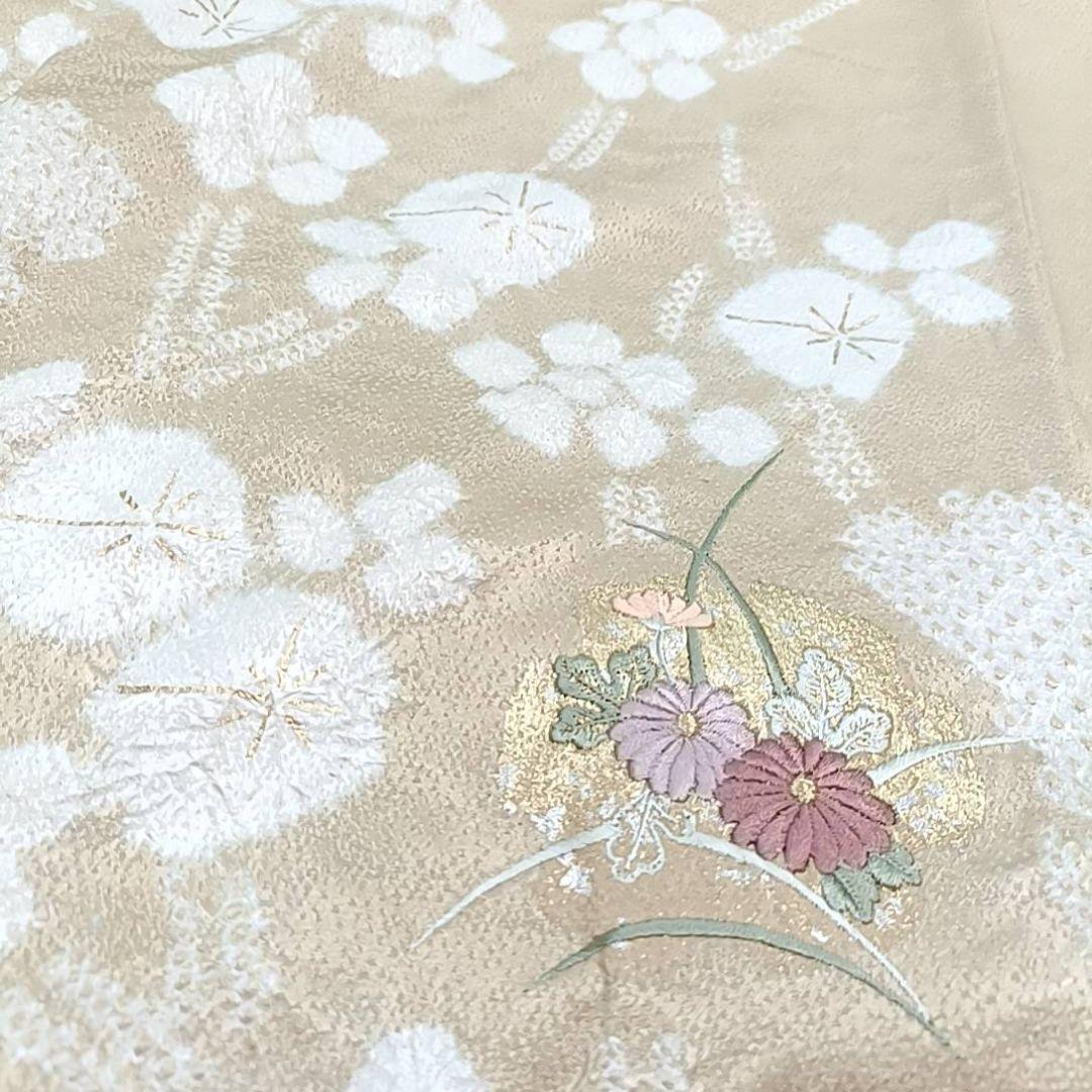 LULU81 着物 訪問着 袷 絞り 黄金色 雪輪 刺繍 花柄