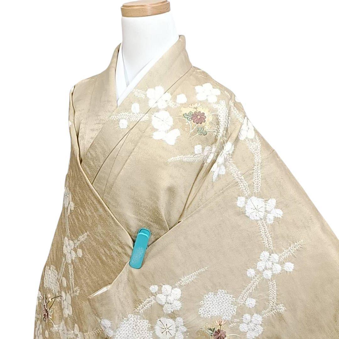 LULU81 着物 訪問着 袷 絞り 黄金色 雪輪 刺繍 花柄
