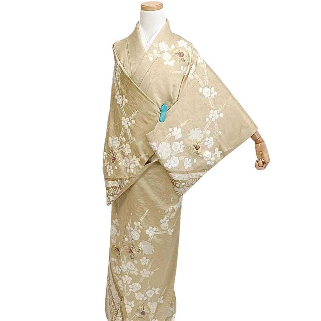LULU81 着物 訪問着 袷 絞り 黄金色 雪輪 刺繍 花柄