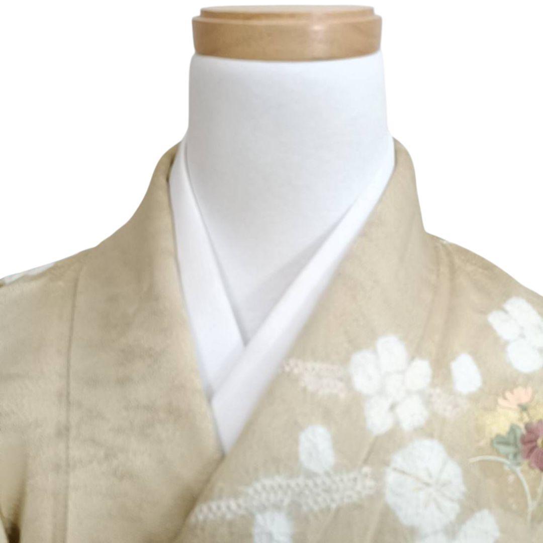 LULU81 着物 訪問着 袷 絞り 黄金色 雪輪 刺繍 花柄
