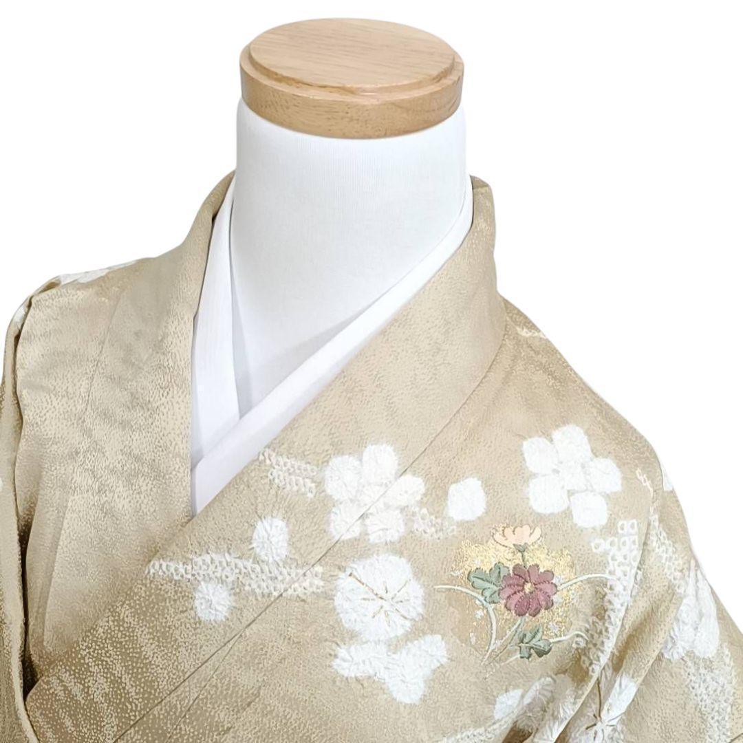 LULU81 着物 訪問着 袷 絞り 黄金色 雪輪 刺繍 花柄