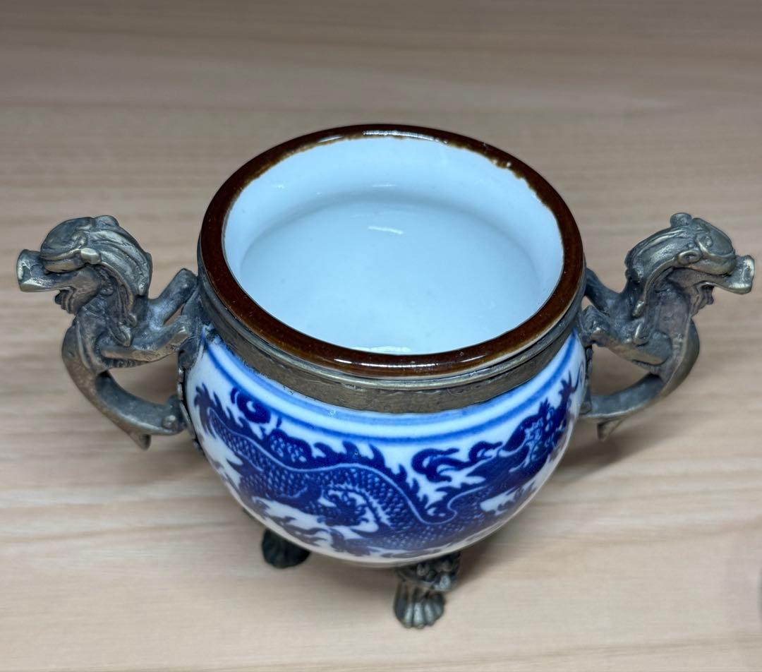 染付 香炉 龍文 錫製 蓋付 香道具 茶道具 唐物 中国美術