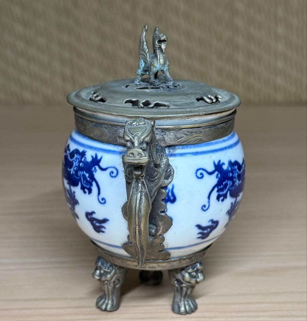 染付 香炉 龍文 錫製 蓋付 香道具 茶道具 唐物 中国美術