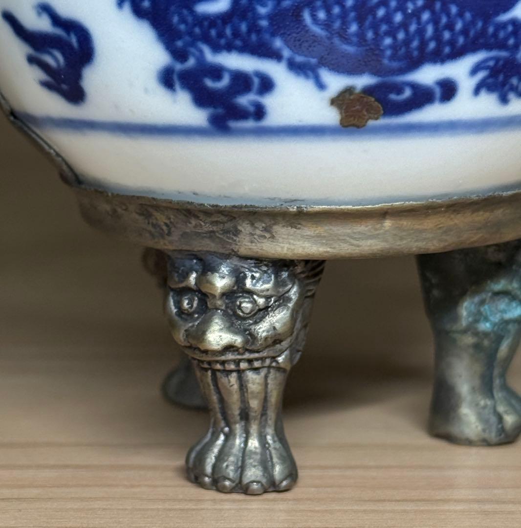 染付 香炉 龍文 錫製 蓋付 香道具 茶道具 唐物 中国美術