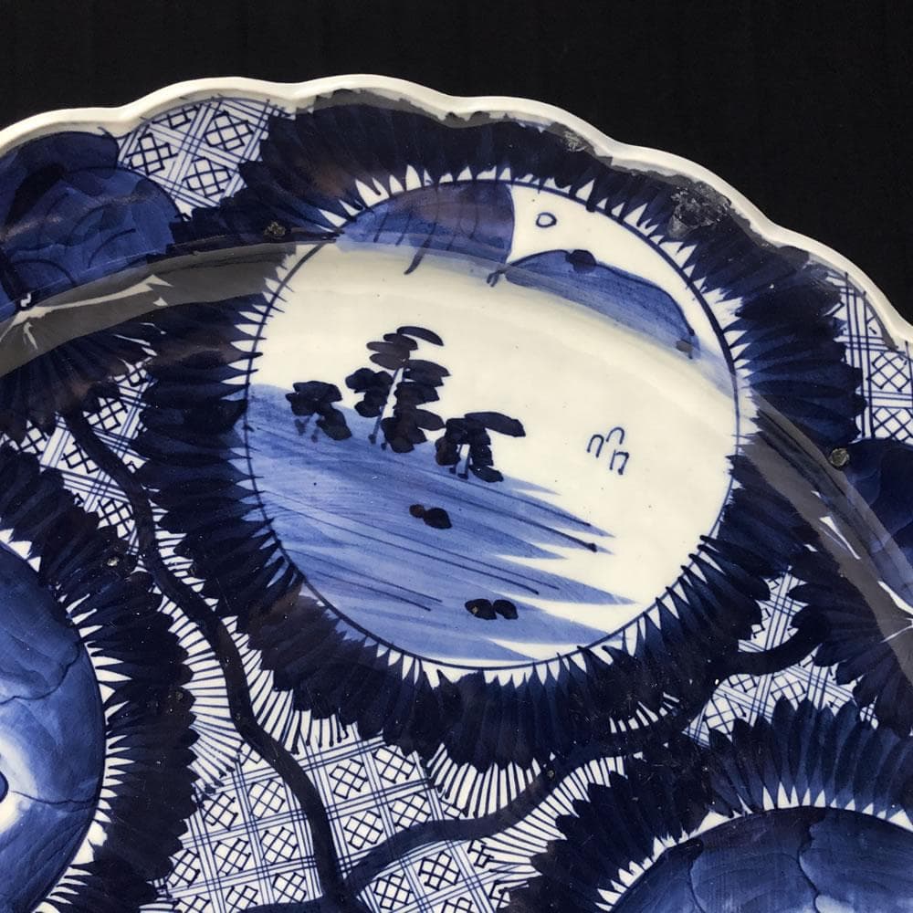e895 着払い 古伊万里 大皿 径46cm 染付 ベロ藍 皿