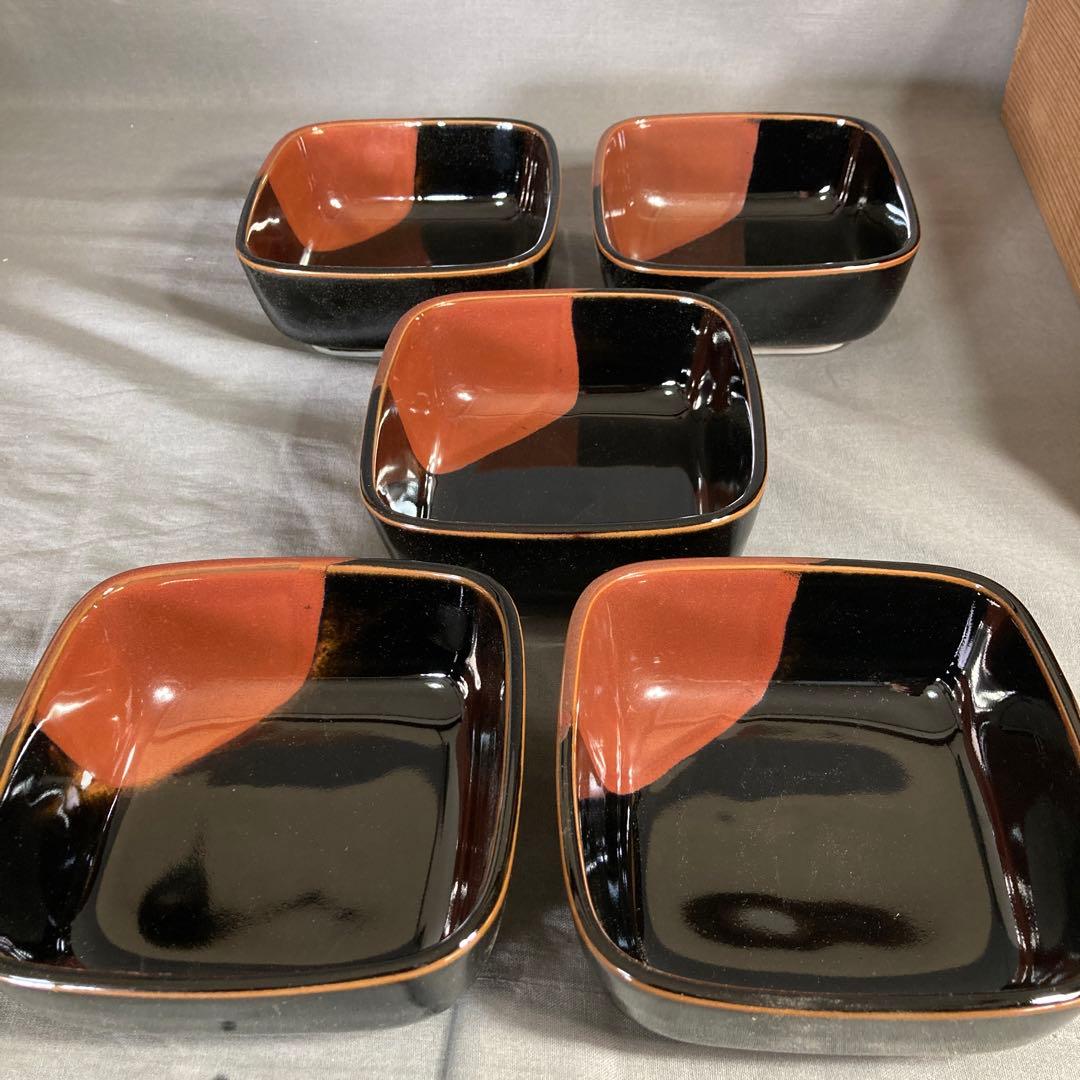 【青木龍山】文化勲章受章　日本芸術院会員　青木龍山作　天目掛分文　角鉢五客揃