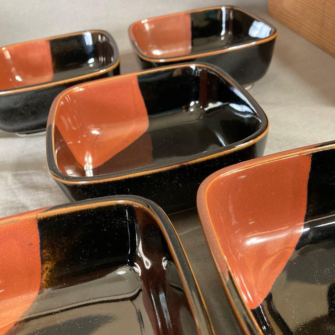 【青木龍山】文化勲章受章　日本芸術院会員　青木龍山作　天目掛分文　角鉢五客揃