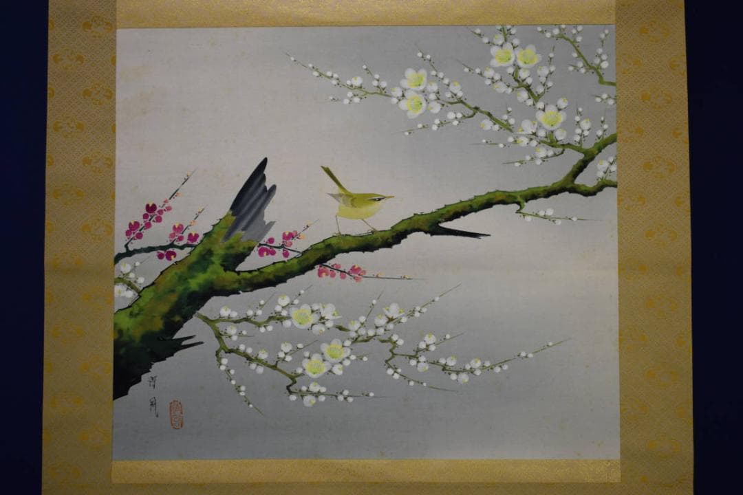 真作/矢島清風/梅花に鴬図/布袋屋掛軸HH-954