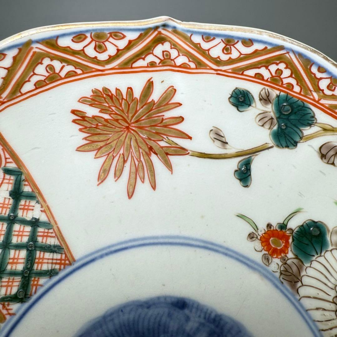 古伊万里　色絵七寸輪花形皿　冨貴長春　円龍　植物　鶴亀　直径21.6cm　江戸期