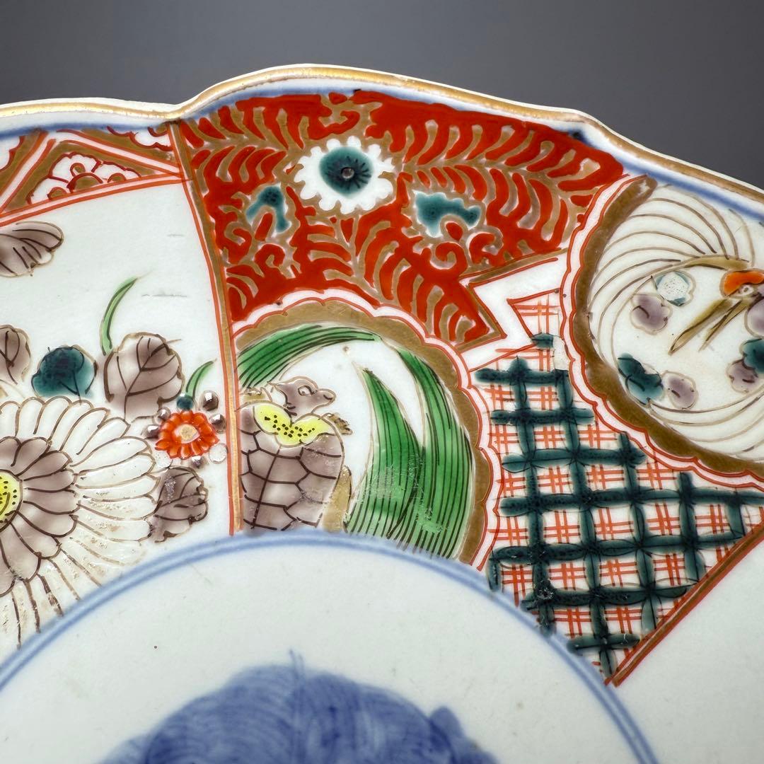 古伊万里　色絵七寸輪花形皿　冨貴長春　円龍　植物　鶴亀　直径21.6cm　江戸期