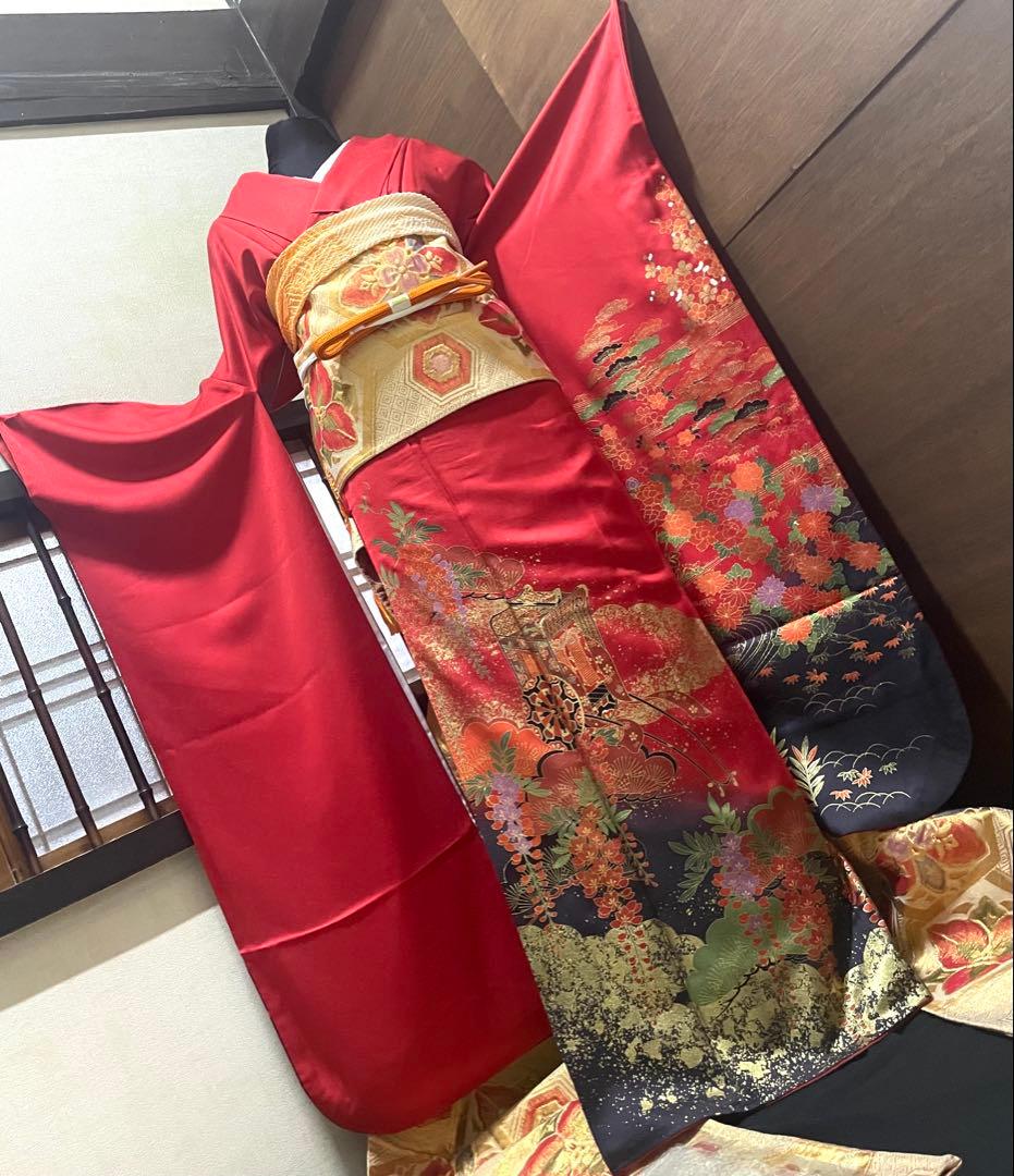 振袖 フルセット6点サイズＬ雲取り御所車花文　松　暈し染め　金彩　正絹