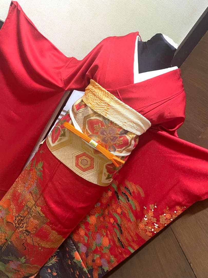 振袖 フルセット6点サイズＬ雲取り御所車花文　松　暈し染め　金彩　正絹