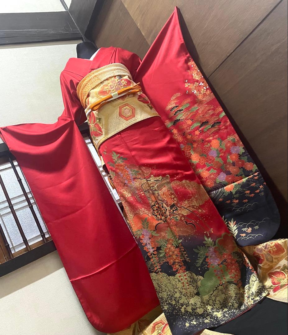 振袖 フルセット6点サイズＬ雲取り御所車花文　松　暈し染め　金彩　正絹