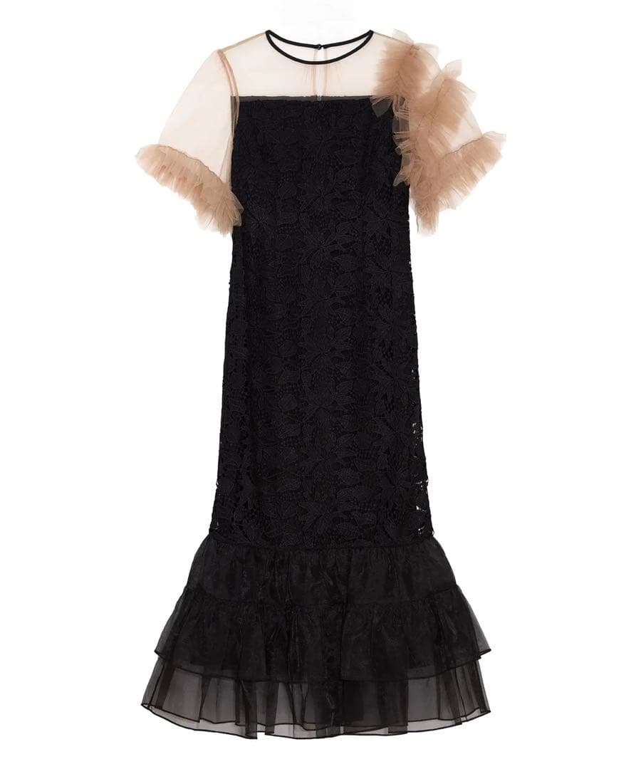 LEJA アシンメトリーチュールスリーブレースフリルヘムIラインワンピースドレス