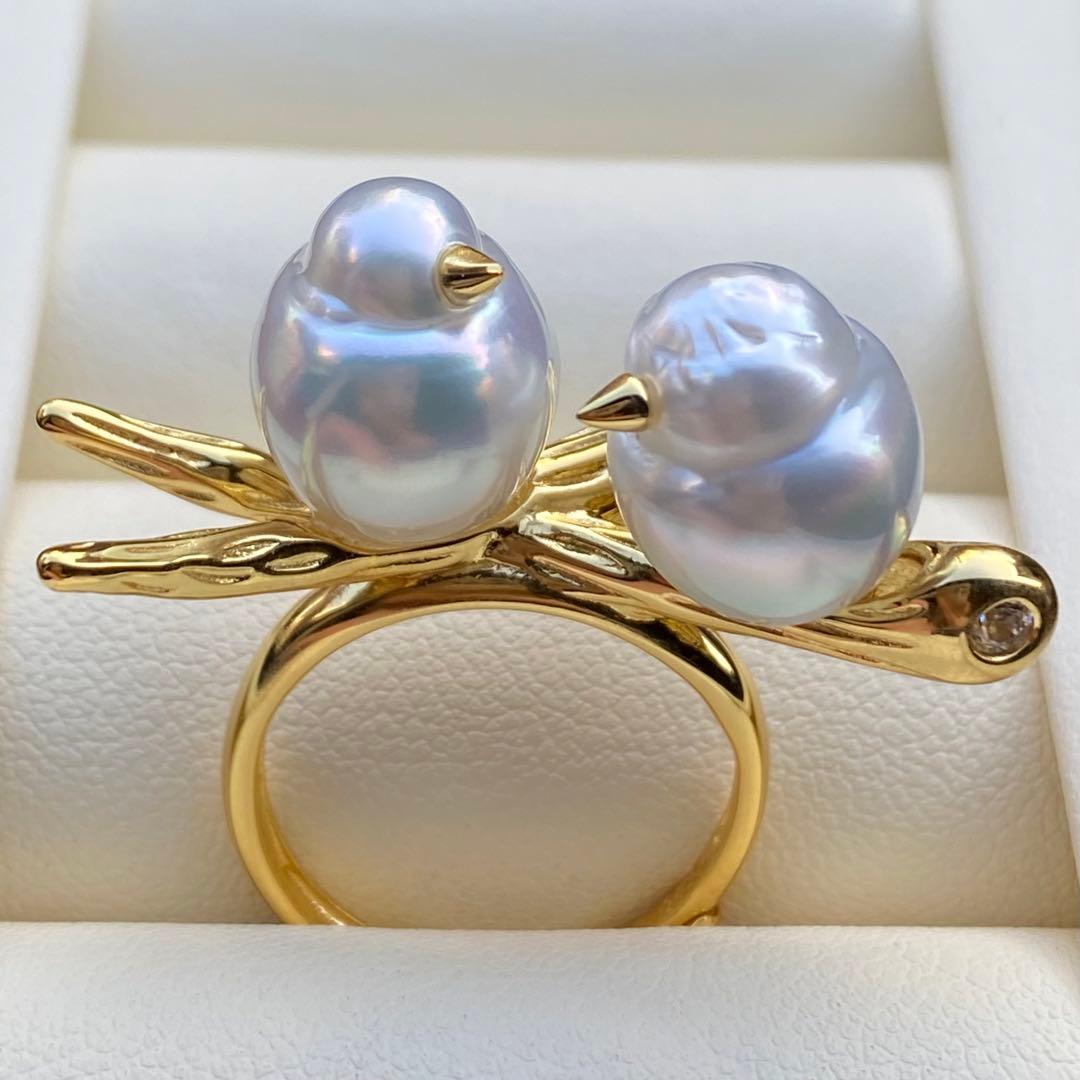 本真珠　南洋白蝶真珠ダブルリング「鳥と枝」　13.2mmホワイトL1257