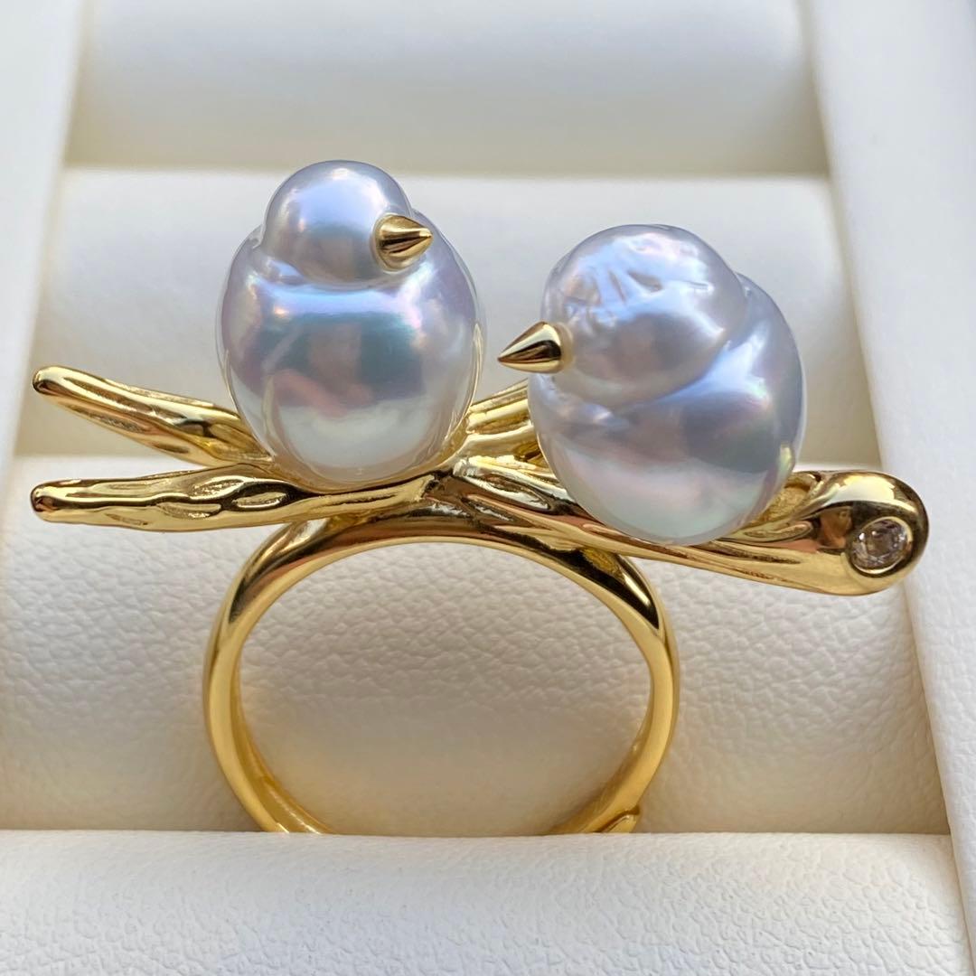 本真珠　南洋白蝶真珠ダブルリング「鳥と枝」　13.2mmホワイトL1257